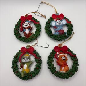 Vintage Critter Wreath Ornaments Set of 4 • Hand Painted Animal Christmas Decor